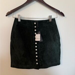 Free People Dark Green Suede Mini Skirt | Button Front | NWT